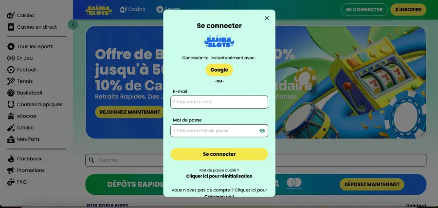 Official Samba Slots casino login page