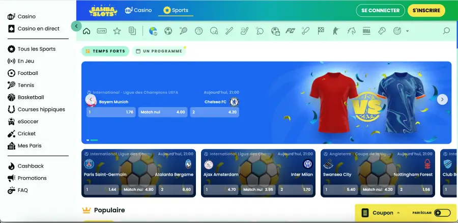 Samba Slots sports betting football section with 1X2 odds Samba Slots sports betting football section with 1X2 odds